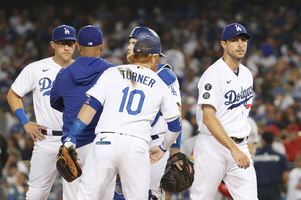 LOS ANGELES, CALIFORNIA - OCTOBER 06: Max Scherzer #31 of the Los Angeles Dodgers is pulled from the game in the fifth inning against the St. Louis Cardinals during the National League Wild Card Game at Dodger Stadium on October 06, 2021 in Los Angeles, California. (Photo by Sean M. Haffey/Getty Images)