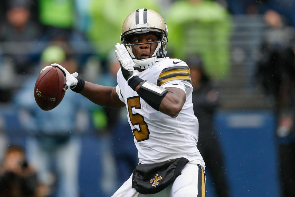 SEATTLE, WA - SEPTEMBER 22:  Quarterback Teddy Bridgewater #5 of the New Orleans Saints passes against the Seattle Seahawks at CenturyLink Field on September 22, 2019 in Seattle, Washington.  (Photo by Otto Greule Jr/Getty Images)