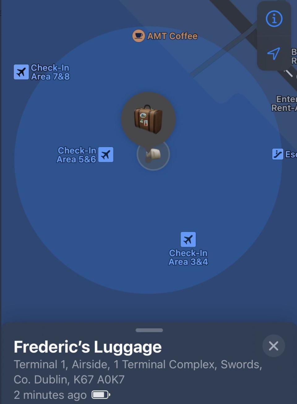 A picture of Frédéric Harper's AirTag data, showing his luggage in Dublin Airport Ireland.