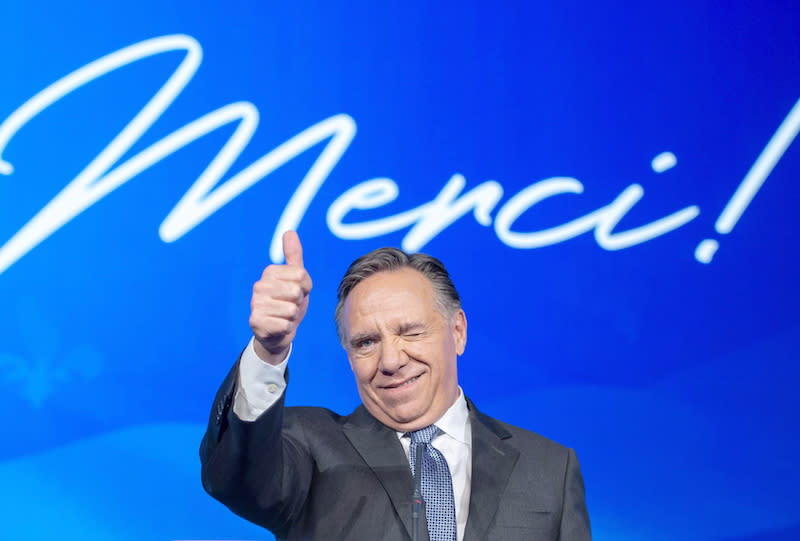 Francois Legault addresses his CAQ party supporters after winning the provincial election on Oct. 1 in Quebec City, Que. Photo from The Canadian Press.