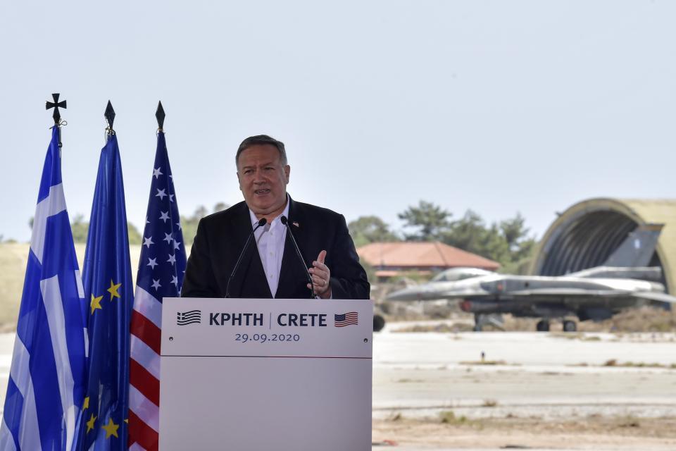 US Secretary of State Mike Pompeo delivers a speech during his visit at the Naval Support Activity base at Souda, on the Greek island of Crete, Tuesday, Sept. 29, 2020. Pompeo visited a U.S. naval base at Souda Bay on the southern Greek island of Crete Tuesday, ahead of a meeting with Greece's prime minister on the second day of his trip to the country. (Aris Messinis/Pool viaAP)