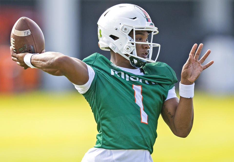 Miami Hurricanes quarterback D'Eriq King is still trying to prove he can play that position in the NFL. (Al Diaz/Miami Herald/Tribune News Service via Getty Images)