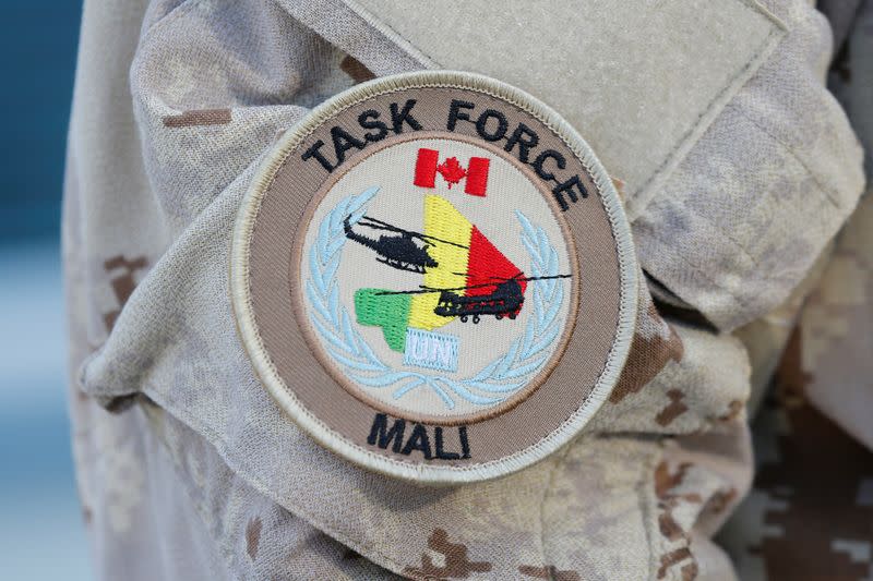 A patch is seen on a member of Canadian Forces before departing for a U.N. peacekeeping mission in Mali, at CFB Trenton