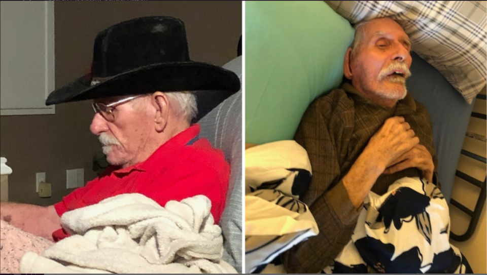 The family of Joe Naegele, seen in 2020 (left) and then days before his 2021 death (right), sued Hillcreek Rehabilitation and Care of Louisville, alleging wrongful death and corporate negligence.