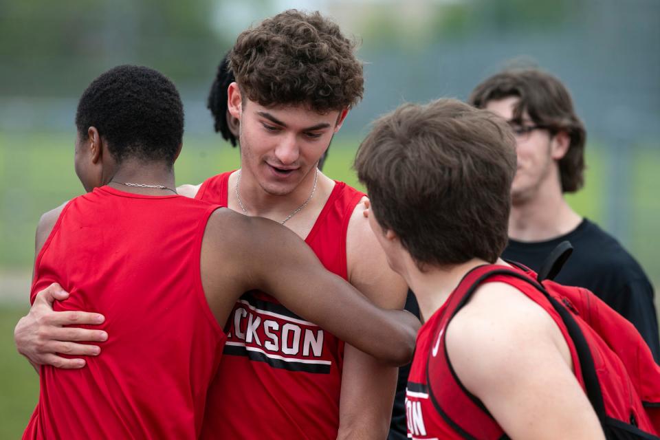 Jackson Memorial’s Steven Bado secures the win for his team during the 4x100 relay. Ocean County Track Championships take place at Jackson Liberty High School. Jackson, NJSaturday, May14, 2022