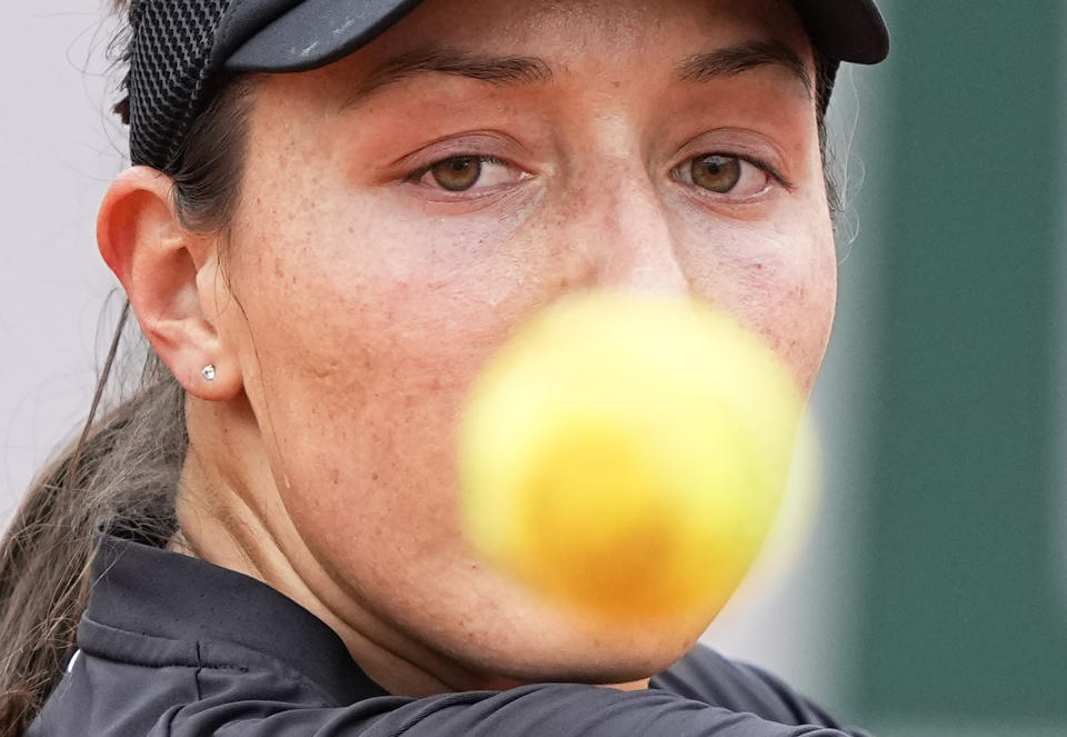 United States's Jessica Pegula eyes the ball as he plays a return to United States's Sofia Kenin during their third round match on day 7, of the French Open tennis tournament at Roland Garros in Paris, France, Saturday, June 5, 2021. (AP Photo/Michel Euler)