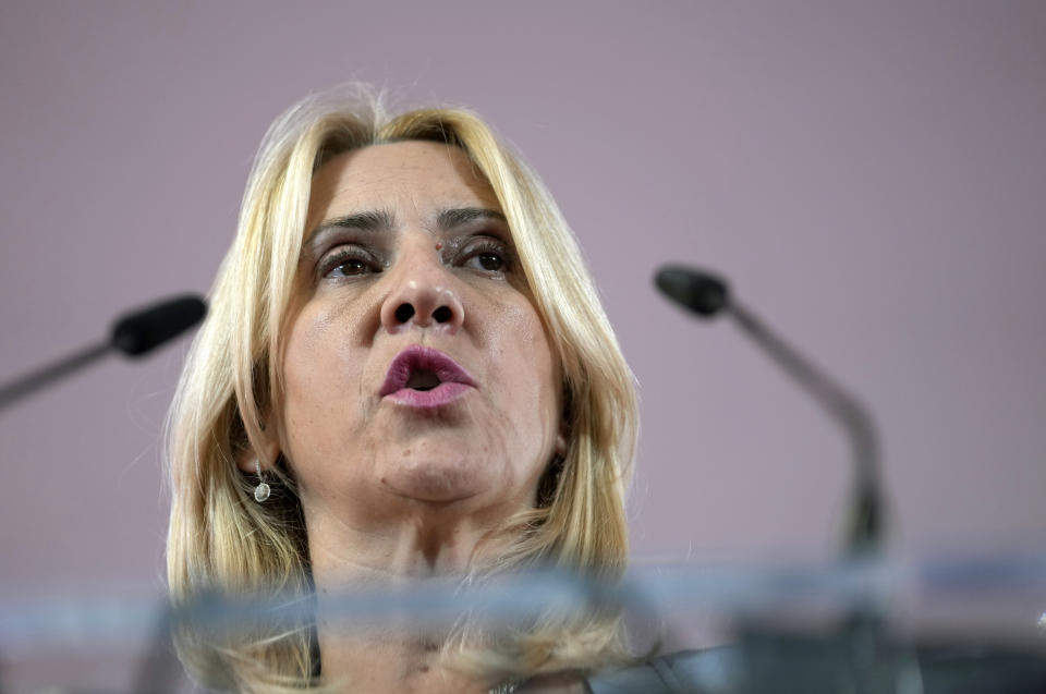 Zeljka Cvijanovic, planned successor for the post of Serbian member of the presidency, speaks during a news conference after claiming victory in a general election in the Bosnian town of Banja Luka, 240 kms northwest of Sarajevo, Monday, Oct. 3, 2022. Polls have closed Sunday in Bosnia's general election in which voters chose their new leaders from among the long-established cast of sectarian candidates and their challengers who pledged to eradicate, if elected, corruption and clientelism in government. (AP Photo/Darko Vojinovic)