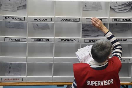 Tellers sorts ballots in the Northern Ireland assembly elections, in Ballymena, Northern Ireland March 3, 2017. REUTERS/Clodagh Kilcoyne