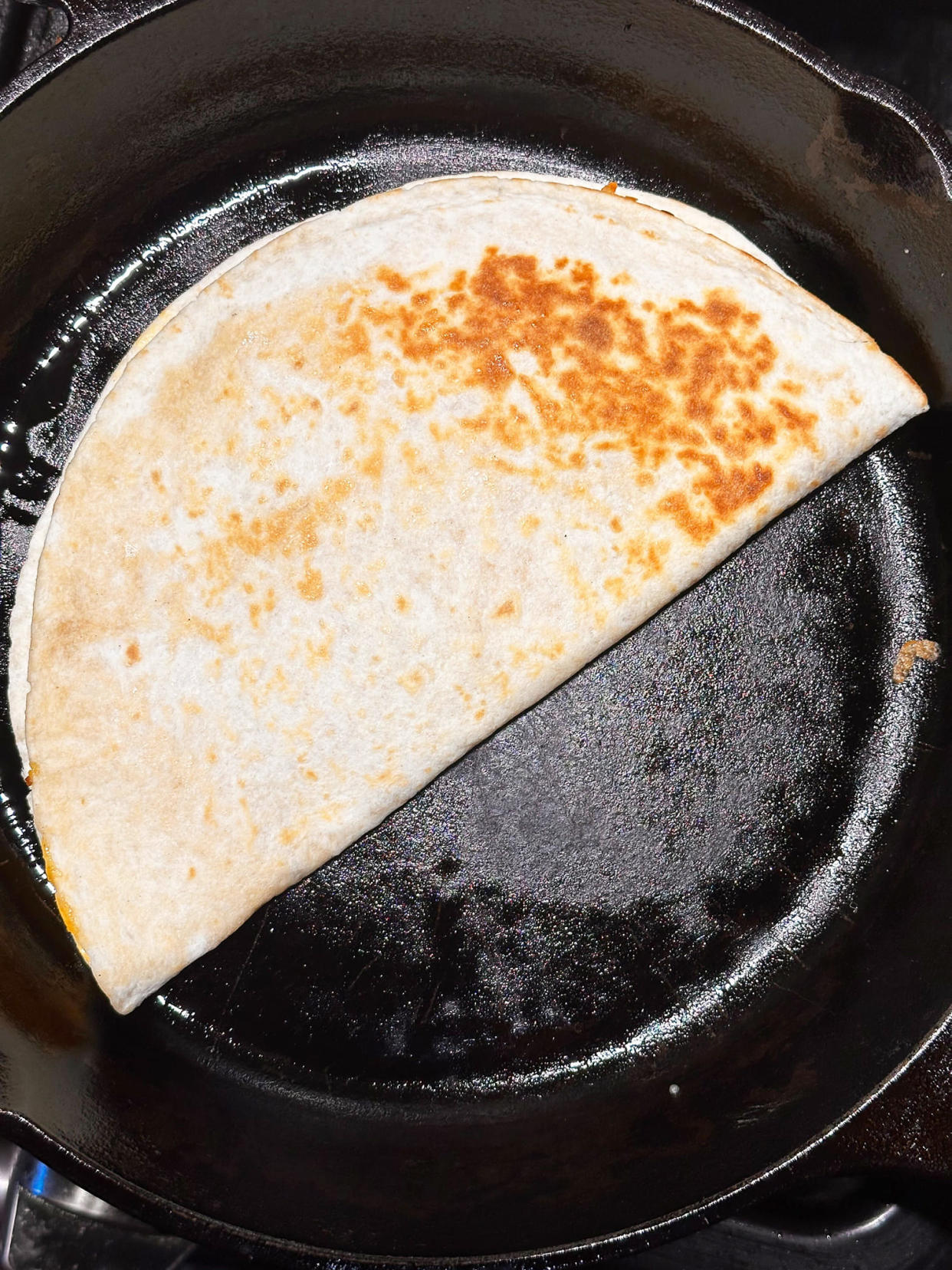 I tried frying chipotle chicken quesadillas in a frying pan.  (Courtesy of Joseph Lamour)