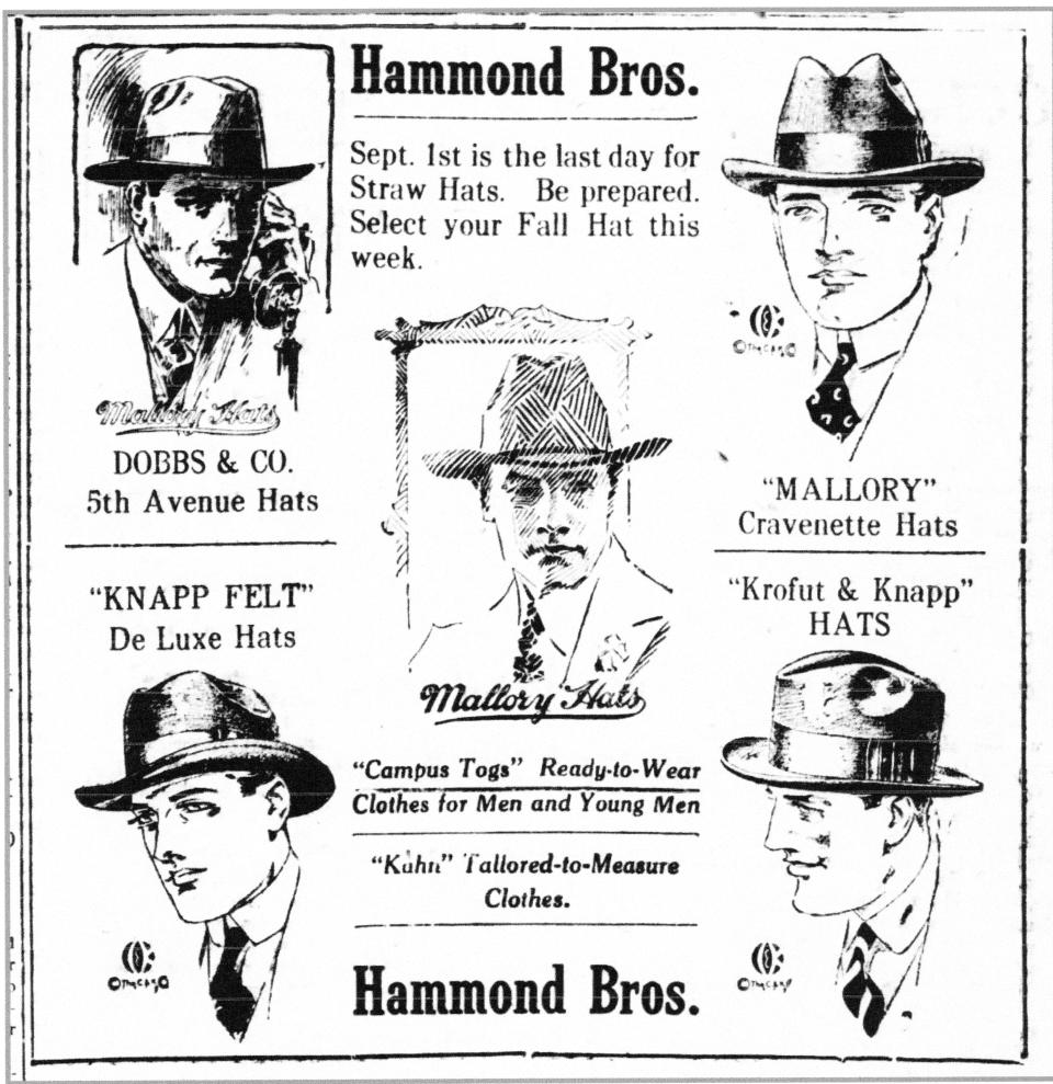 This ad appeared in the Daily Eagle 15 Aug. 1919 to remind "straw-hatters" the end of straw hat season was near and fall hats needed to be purchased.