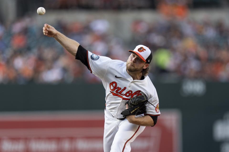 Baltimore Orioles starting pitcher Corbin Burnes delivers during the second inning of the team's baseball game against the Texas Rangers, Thursday, June 27, 2024, in Baltimore. (AP Photo/Stephanie Scarbrough)