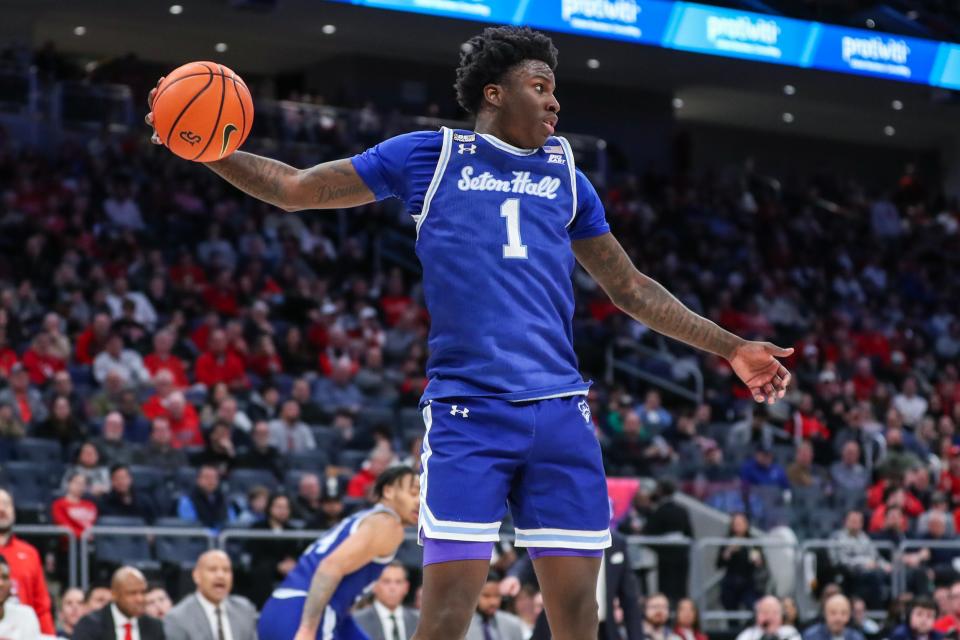 Seton Hall guard Kadary Richmond (1) grabs a rebound during the second half against St. John's at UBS Arena in Elmont, New York on Feb. 18, 2024.