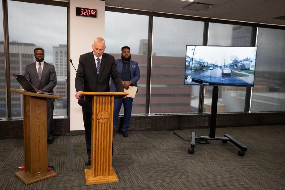 Grand Rapids Police Chief Eric Winstrom stands at a press conference showing video footage of the fatal police shooting of Patrick Lyoya. (Getty Images)