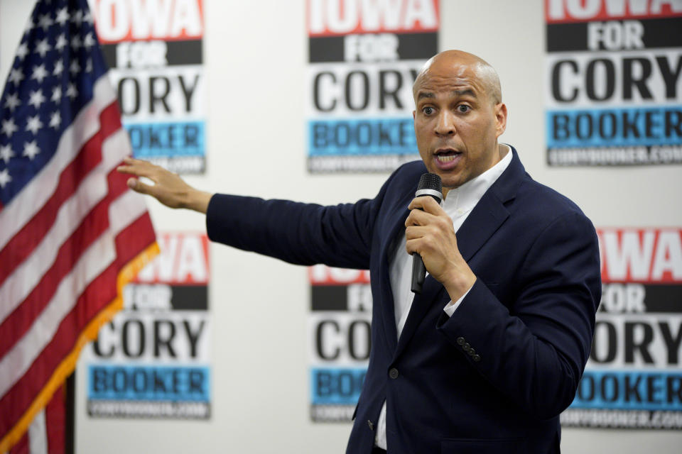 Democratic presidential candidate Sen. Cory Booker, D-N.J., speaks during an election stop at the Sioux City Public Museum in Sioux City, Iowa, Monday, April 15, 2019. (AP Photo/Nati Harnik)