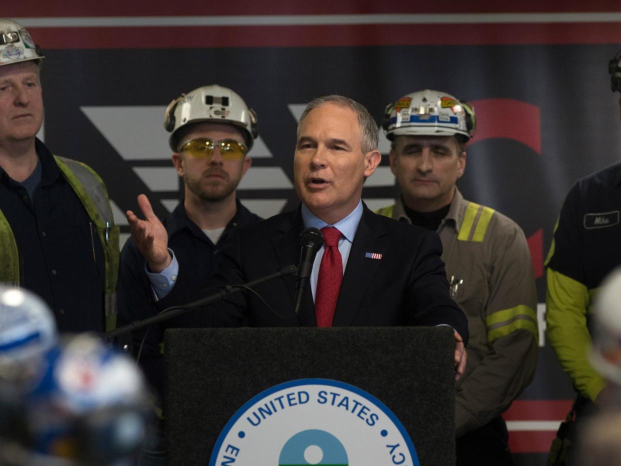 US Environmental Protection Agency Administrator Scott Pruitt speaks with coal miners at the Harvey Mine on 13 April 2017 Sycamore, Pennsylvania: Justin Merriman/Getty Images