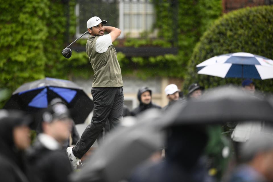 Jason Day of, Australia, hits off the 18th tee during the second round of the Wells Fargo Championship golf tournament, Friday, May 6, 2022, at TPC Potomac at Avenel Farm golf club in Potomac, Md. (AP Photo/Nick Wass)