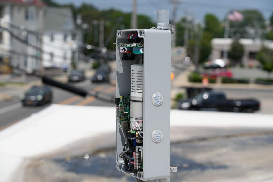 The Breathe Providence air monitors, like this one on an Eddy Street building, measure levels of carbon monoxide, particulate matter, ozone, nitrogen oxides and carbon dioxide.