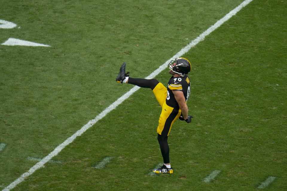 Pittsburgh Steelers linebacker T.J. Watt reacts after sacking San Francisco 49ers quarterback Brock Purdy during the first half of an NFL football game Sunday, Sept. 10, 2023, in Pittsburgh. (AP Photo/Gene J. Puskar)