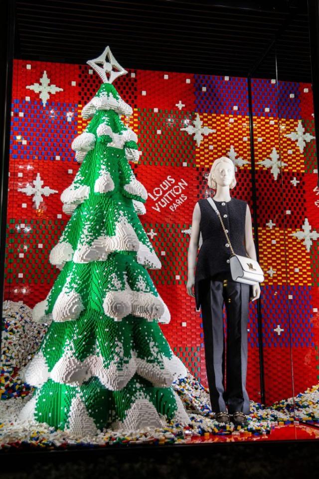 A Christmas tree made of Louis Vuitton items is on display in the