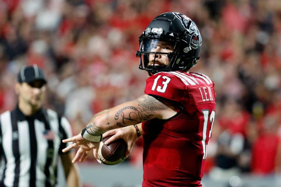 North Carolina State’s Devin Leary (13) prepares to throw the ball during the first half of an NCAA college football game against Connecticut in Raleigh, N.C., Saturday, Sept. 24, 2022.