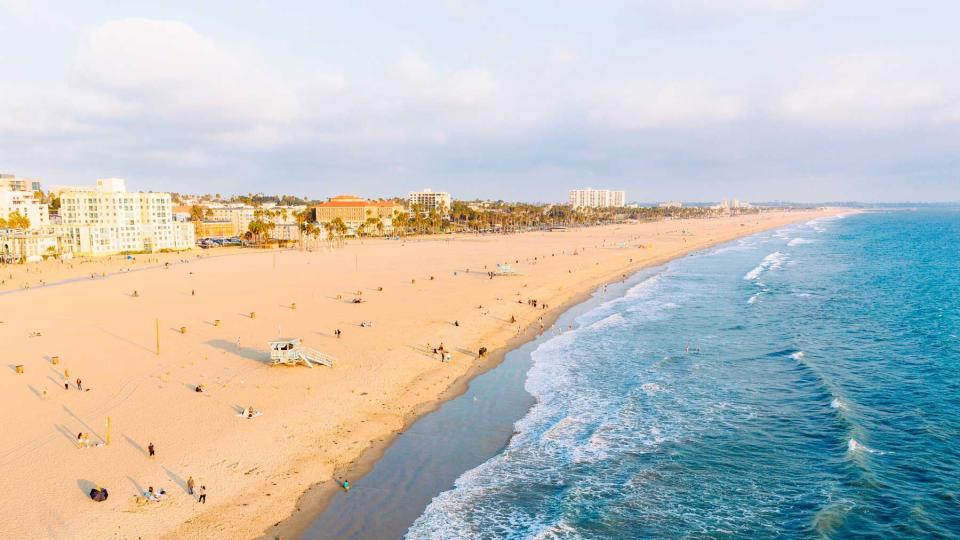 Aerial view of beach in Santa Monica, Los Angeles, California