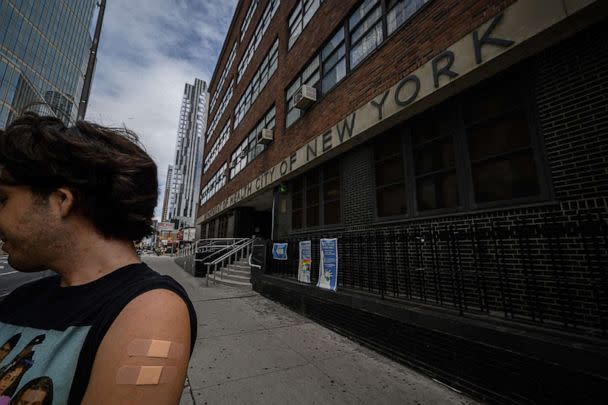 PHOTO: A man displays his arm where he received a polio vaccination at a health clinic in Brooklyn, New York on August 17, 2022. (Ed Jones/AFP via Getty Images)