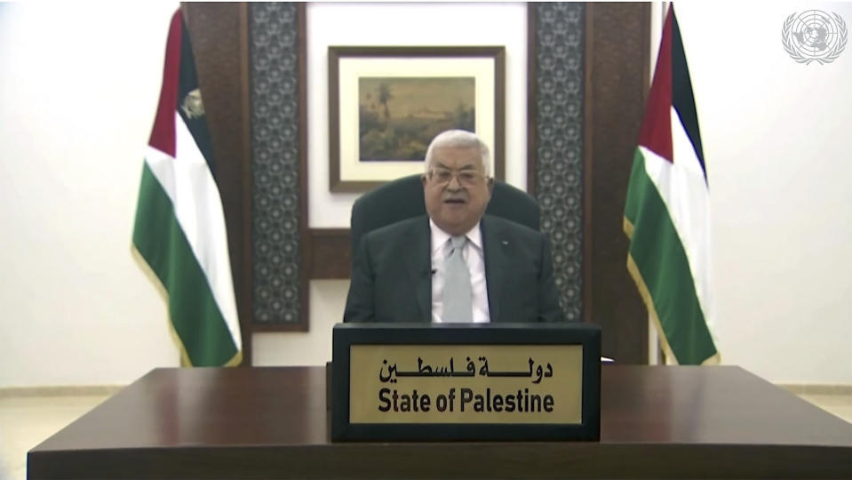 In this image made from UNTV video, Palestinian President Mahmoud Abbas speaks in a pre-recorded message which was played during the 75th session of the United Nations General Assembly, Friday, Sept. 25, 2020, at UN headquarters, in New York. (UNTV via AP)