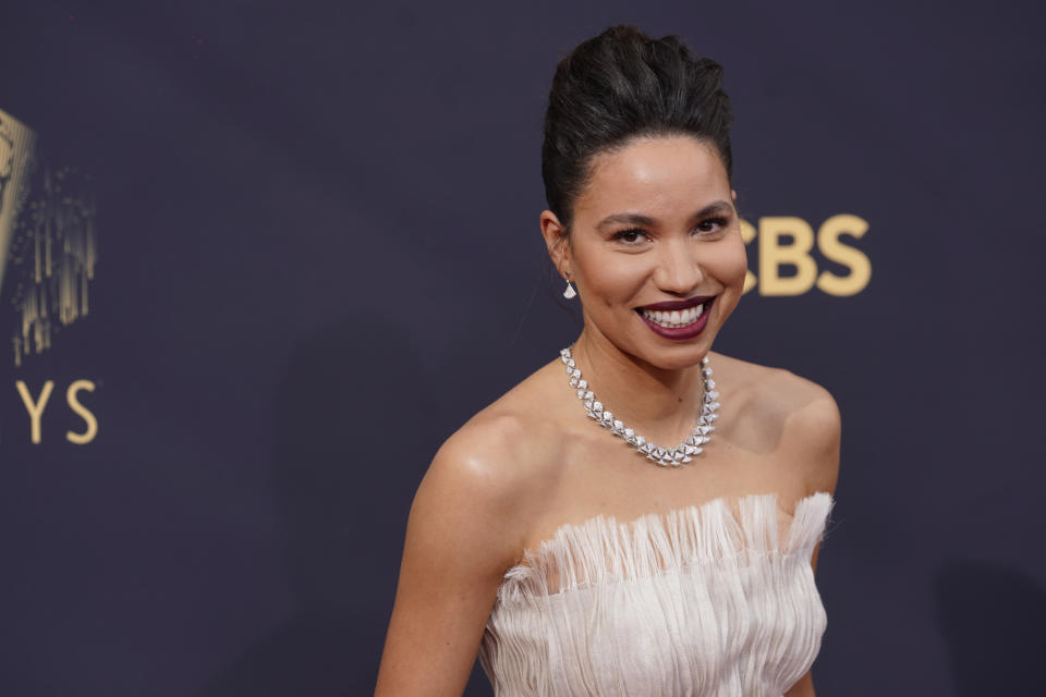 Jurnee Smollett arrives at the 73rd Primetime Emmy Awards on Sunday, Sept. 19, 2021, at L.A. Live in Los Angeles. (AP Photo/Chris Pizzello)
