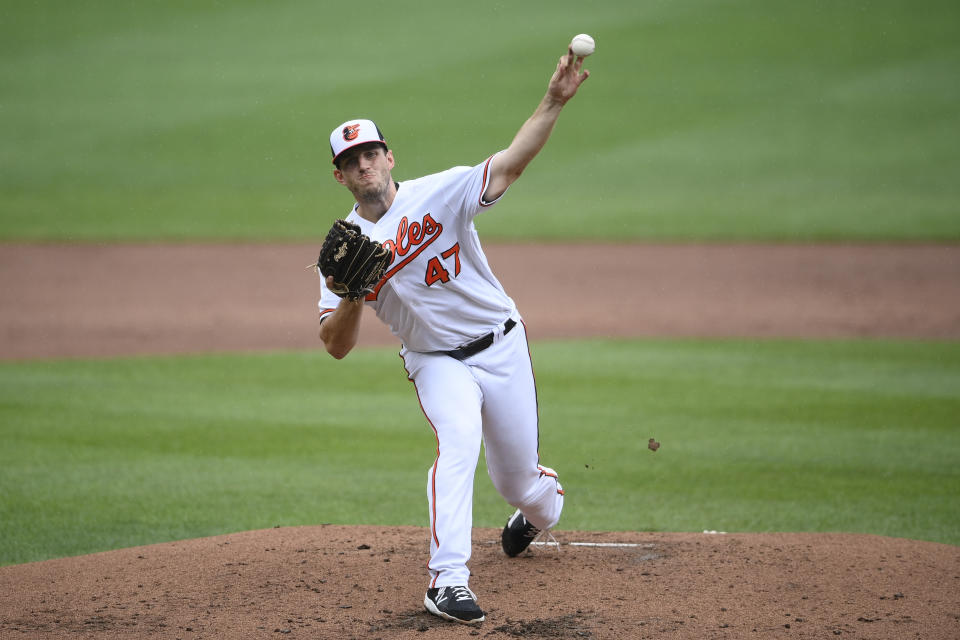 Baltimore Orioles starting pitcher John Means delivers during the third inning of a baseball game against the Atlanta Braves, Sunday, Aug. 22, 2021, in Baltimore. (AP Photo/Nick Wass)