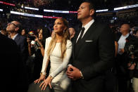 <p>Actress Jennifer Lopez and former MLB player Alex Rodriguez attend the super welterweight boxing match between Floyd Mayweather Jr. and Conor McGregor on August 26, 2017 at T-Mobile Arena in Las Vegas, Nevada. (Photo by Christian Petersen/Getty Images) </p>