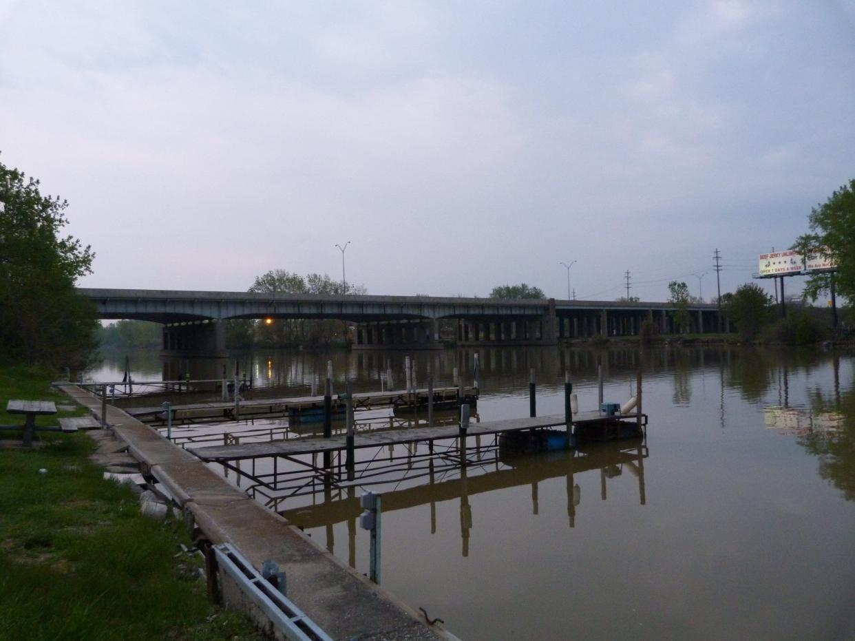 The I-75 River Raisin Bridge is viewed from the northwest quadrant. The bridge is an example of a variable depth "haunched" deck plate girder bridge that was a popular Michigan design in the mid-20th century.