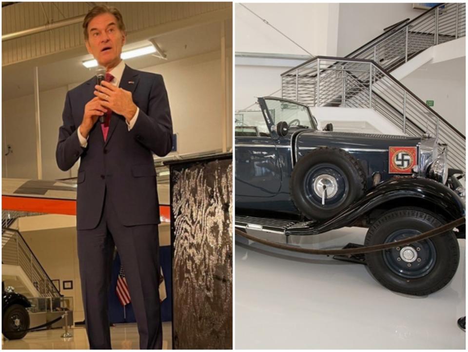 Dr Oz appeared at a fundraiser in California in front of a vehicle once owned by Adolf Hitler (Screenshot / Instagram / @shane.mitch / Lyon Air Museum)