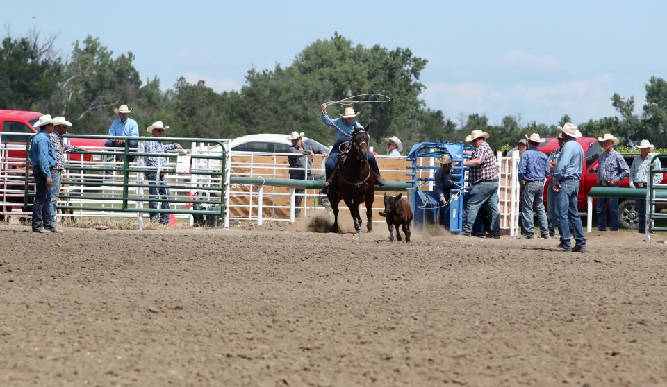 Faith Fliehs readiers her lasso to hook a calf during the breakaway roping event at the Hub 4H Rodeo in Aberdeen on July 2, 2022.