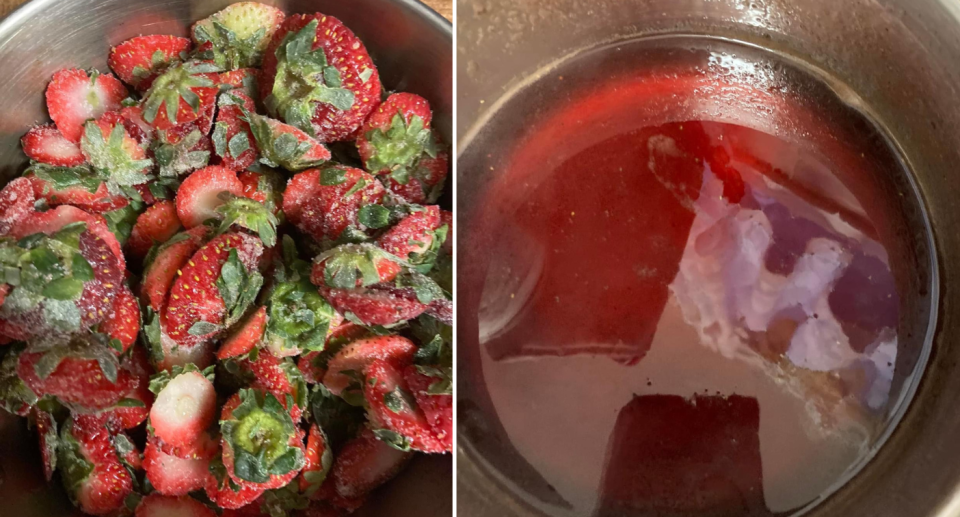 The clever cook shared a clever kitchen hack for turning strawberry tops into sweet syrup. Photo: Facebook/$10 Meals Australia Cooking Community