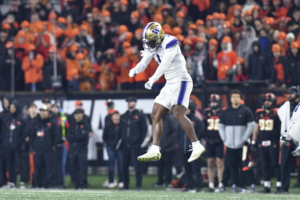 Washington cornerback Jabbar Muhammad celebrates a stop of Oregon State on fourth down, clinching Washington's 22-20 win during an NCAA college football game Saturday, Nov. 18, 2023, in Corvallis, Ore. (AP Photo/Mark Ylen)