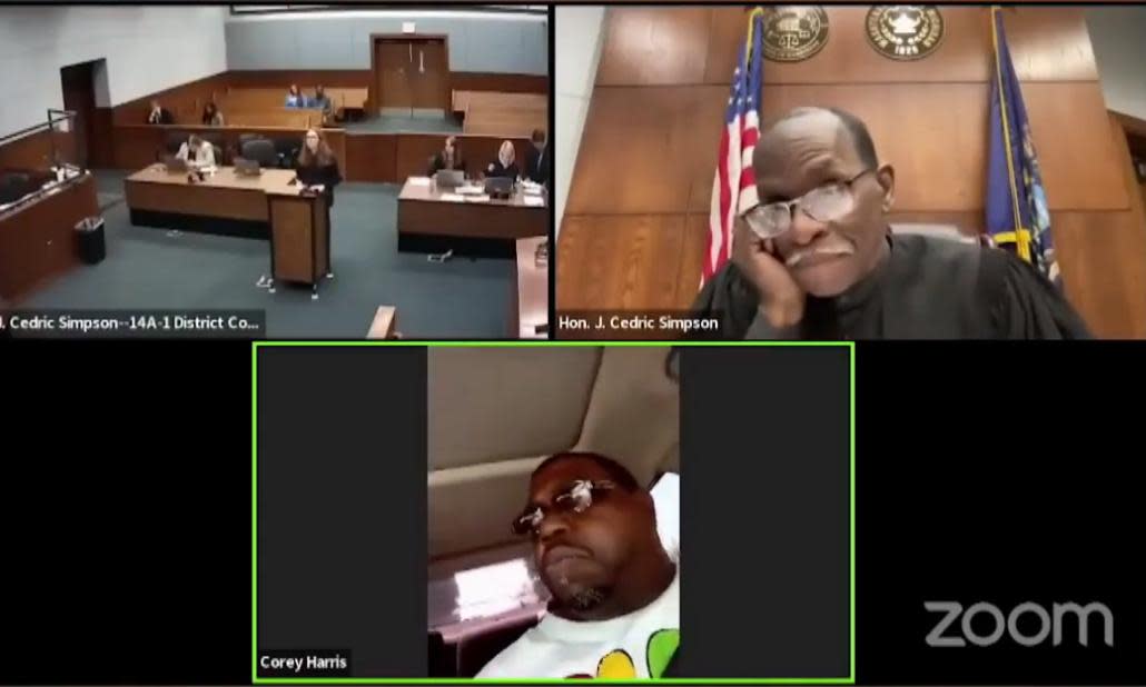 <span>Images from the video of the hearing. </span><span>Photograph: CBS News/X</span>