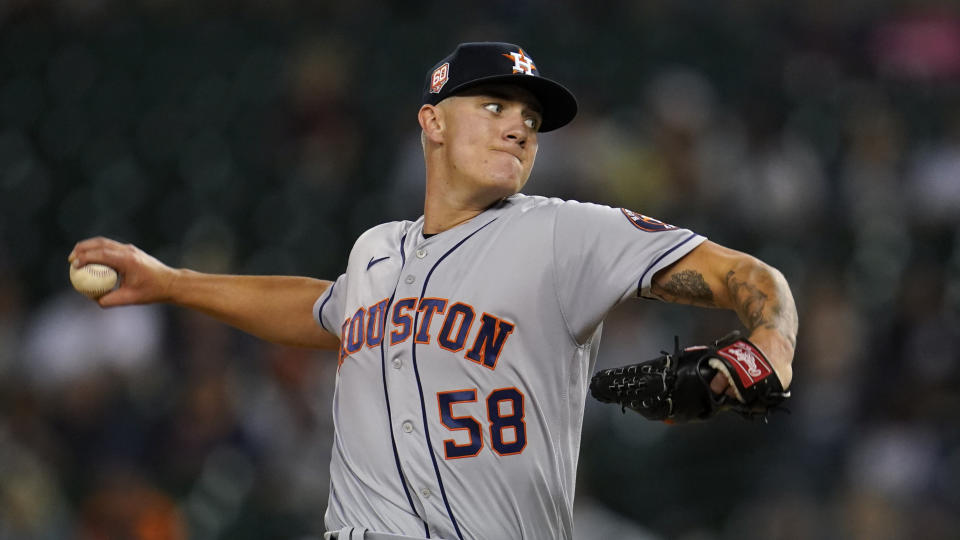 Houston Astros pitcher Hunter Brown throws against the Detroit Tigers in the fifth inning of a baseball game in Detroit, Tuesday, Sept. 13, 2022. (AP Photo/Paul Sancya)