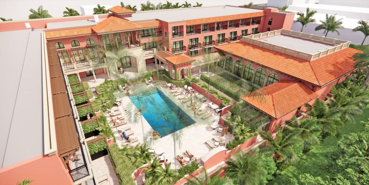 An aerial rendering shows the courtyard design of the Palm House hotel project under renovaton at 160 Royal Palm Way in Palm Beach.