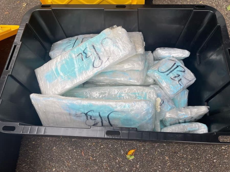 Several bags of packaged methamphetamine are shown in this image shared by the CHP. The drugs were recovered following a pursuit on June 18, 2024.