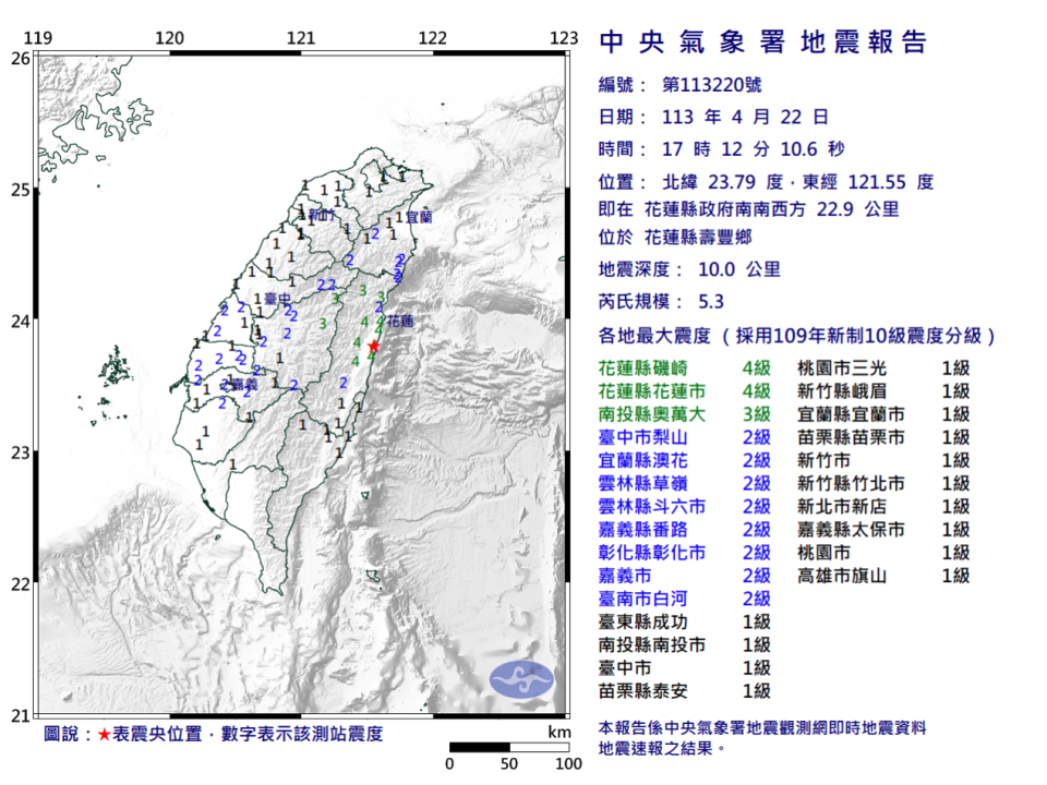 花蓮連續地震第三震（圖取自中央氣象署網站）