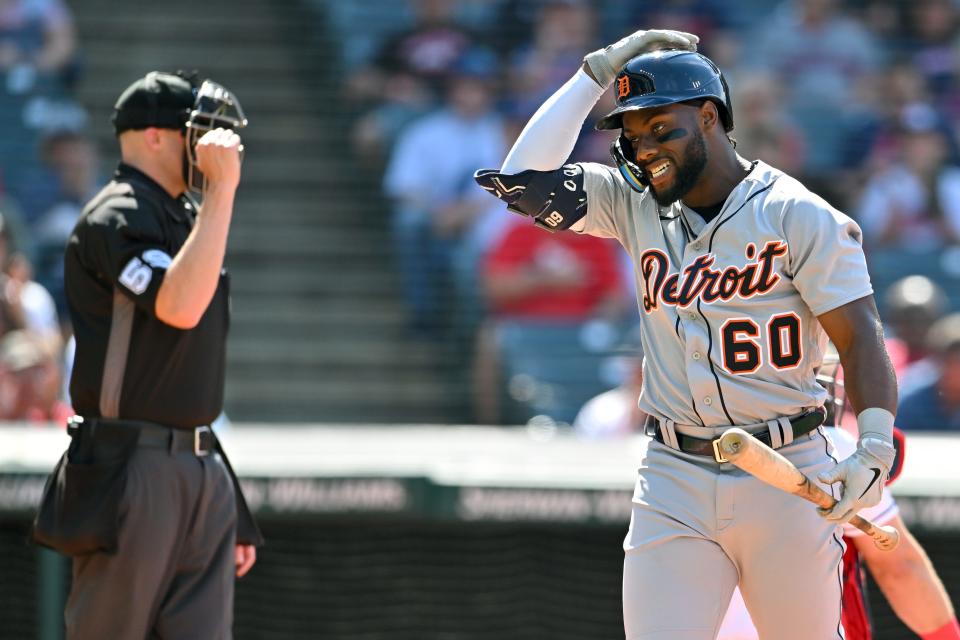 Tigers left fielder Akil Baddoo reacts after striking out in the third inning of the 4-1 loss in Game 1 of the doubleheader on Monday, Aug. 15, 2022, in Cleveland.
