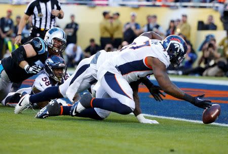 Denver Broncos' Malik Jackson recovers a fumble in the end zone for a touchdown in the first quarter against the Carolina Panthers during the NFL's Super Bowl 50 football game in Santa Clara, California February 7, 2016. REUTERS/Mike Blake