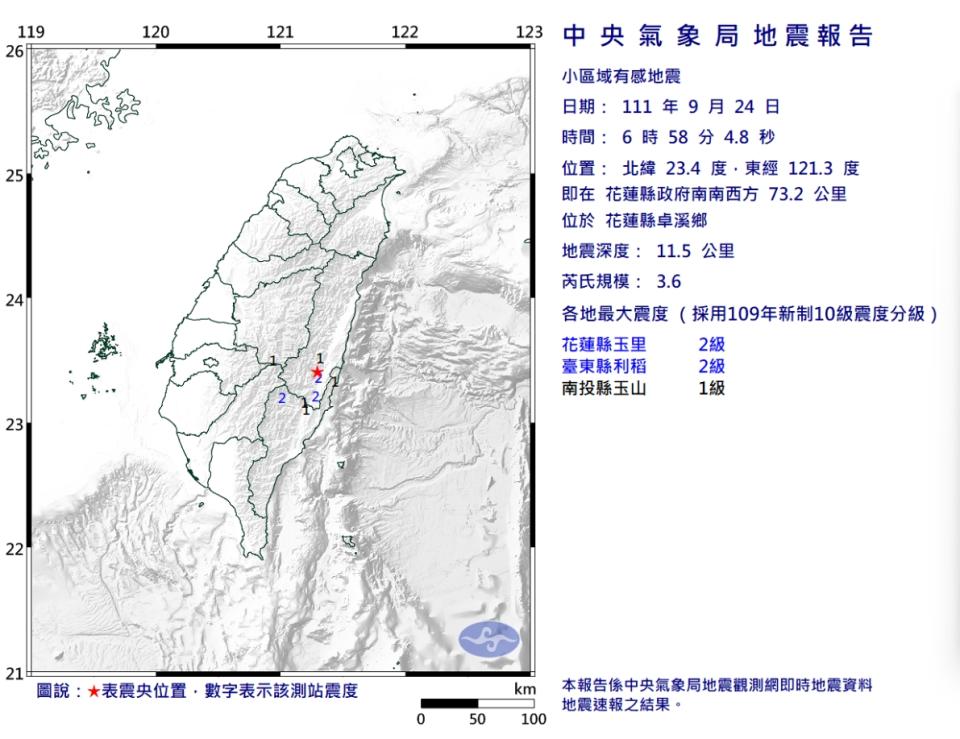 中央氣象局發布小區域有感地震報告。   圖:中央氣象局網站