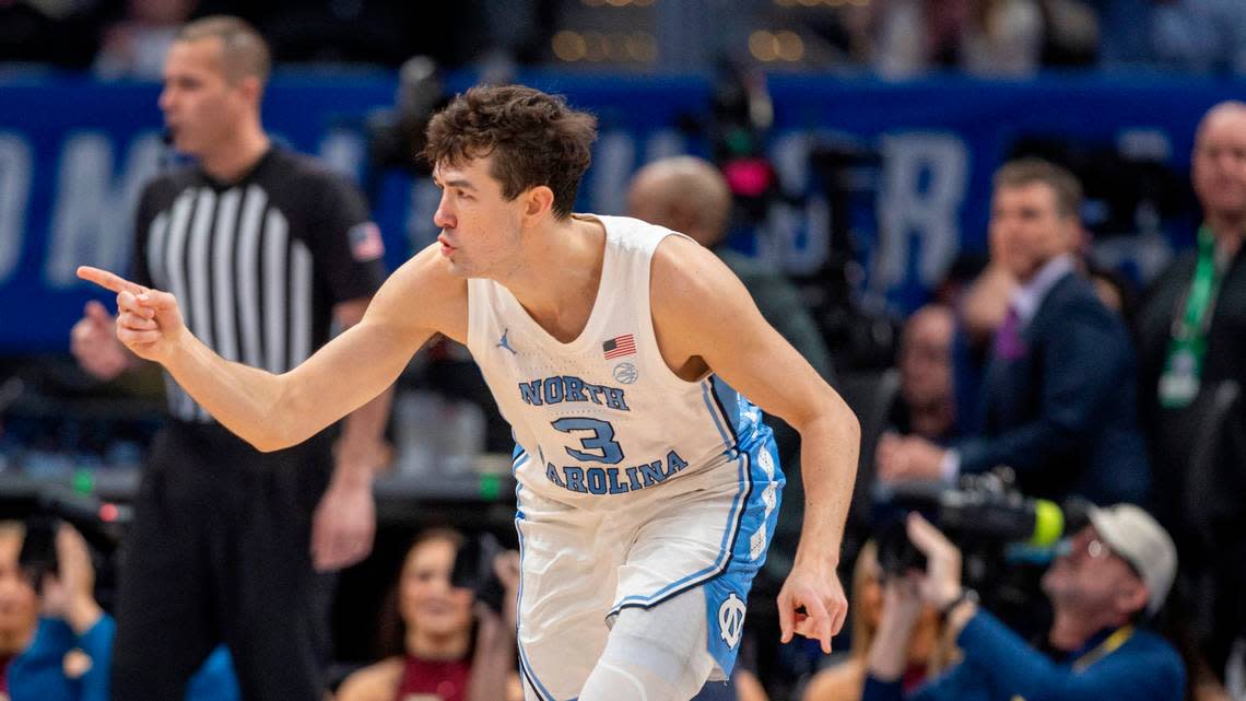 North Carolina’s Cormac Ryan (3) reacts after a three-point basket during the first half against Florida State in the quarterfinals of the ACC Men’s Basketball Tournament at Capitol One Arena on Wednesday, March 13, 2024 in Washington, D.C.