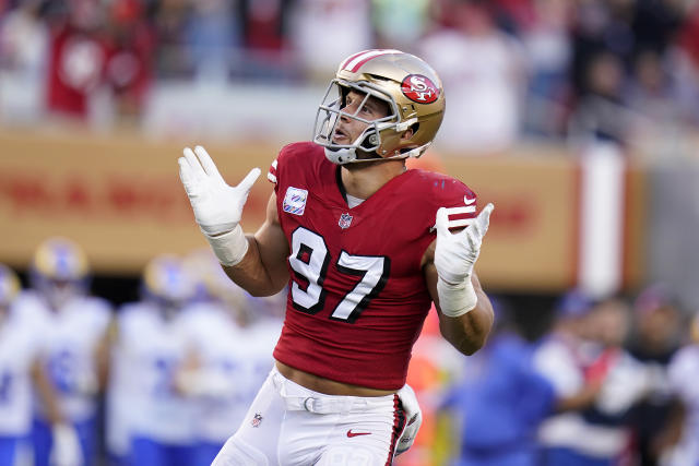 Jimmie Ward of the San Francisco 49ers celebrates after breaking up a