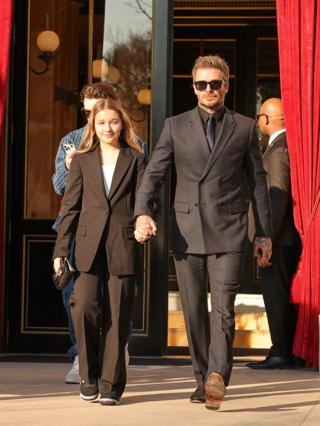 David Beckham & Daughter Harper Wear Matching Black Suits in Paris