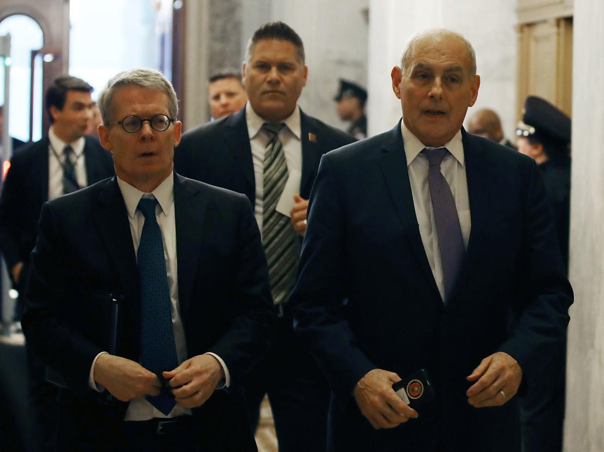 White House Chief of Staff John Kelly (R) and White House lawyer Emmet Flood (L) arrive to attend a briefing with members of the so-called 'Gang of Eight' at the U.S. Capitol May 24, 2018 in Washington, DC. (Photo: Mark Wilson via Getty Images)