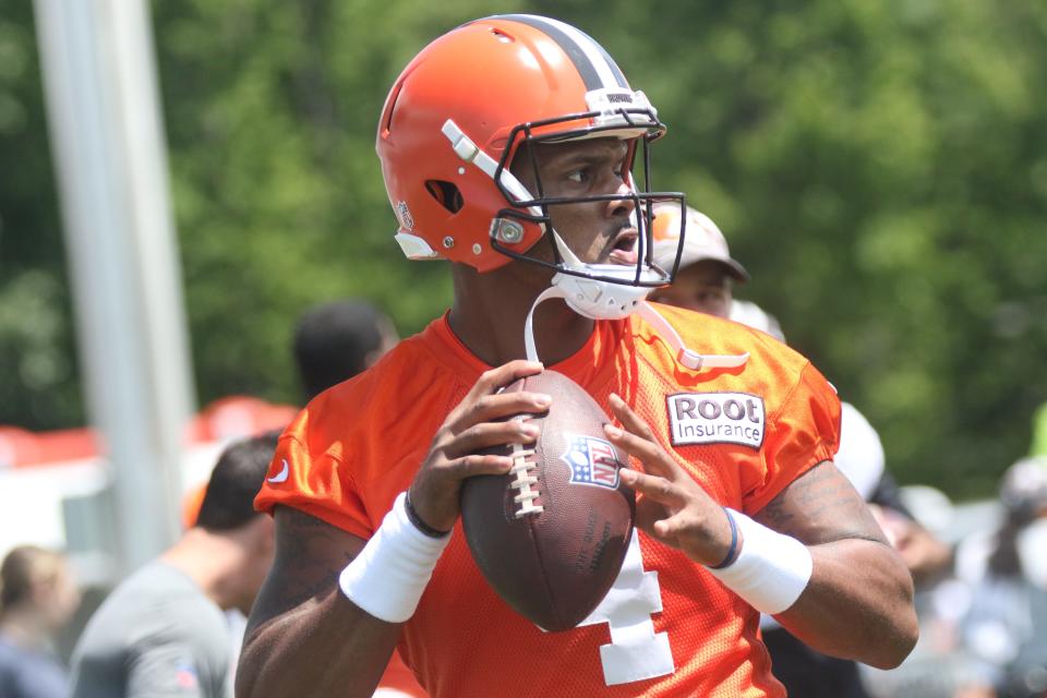 Cleveland Browns quarterback Deshaun Watson was welcomed with cheers during Saturday's training camp, the first day of practice that was open to fans.