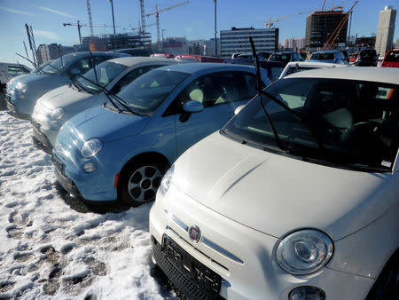 Second-hand Fiat 500e cars, imported from California, U.S., are seen at the Buddy Electric car dealership in Oslo, Norway March 11, 2109. Picture taken March 11, 2019. REUTERS/Alister Doyle