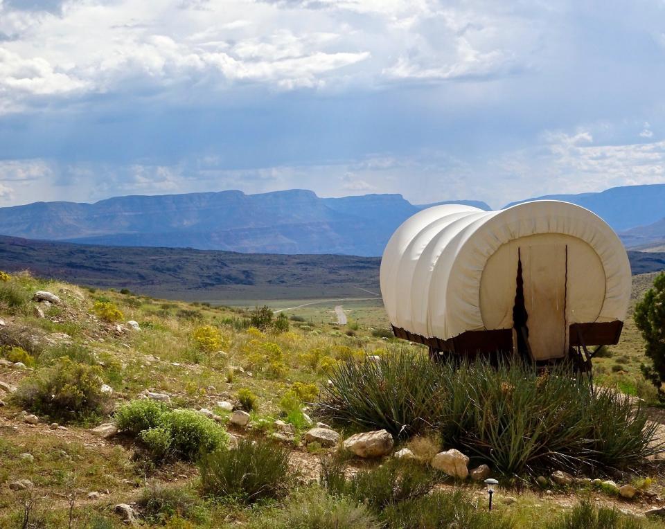 Bar 10 Ranch in northern Arizona offers overnight accommodations in historic covered wagons for Grand Canyon river runners and other backroad adventurers.